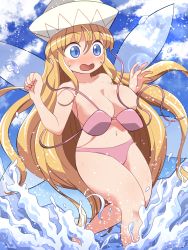 Rule 34 | 1girl, bare arms, bare legs, bare shoulders, bikini, blonde hair, blue eyes, blush, breasts, cleavage, collarbone, commission, day, fairy, fairy wings, hair between eyes, hat, highres, large breasts, lily white, long hair, open mouth, pink bikini, rokugou daisuke, skeb commission, solo, swimsuit, touhou, water, white hat, wings