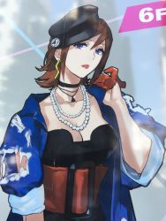 10s, blue eyes, breasts, choker, earrings, gloves, hand on own cheek, hand on own face, hat, highres, huge belt, jewelry, kaname buccaneer, lipstick, looking at viewer, macross, macross delta, makeup, medium breasts, necklace, official art, photo (medium), red hair, short hair, torn clothes