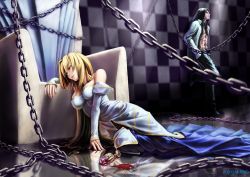 Rule 34 | 00s, 1boy, 1girl, abs, archetype earth, arcueid brunestud, artist name, black hair, blonde hair, blood, breasts, chain, cup, dress, drinking glass, gown, long hair, medium breasts, michael roa valdamjong, nagumo (qmzp10), open clothes, open shirt, princess, red eyes, shirt, sneer, spilled drink, throne, toned, toned male, tsukihime, very long hair, wine glass