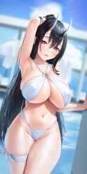 Rule 34 | 1girl, absurdres, armpits, bikini, black hair, blurry, blurry background, blush, breasts, cameltoe, cleavage, cleft of venus, hair between eyes, heart, heart-shaped pupils, highres, horns, large breasts, long hair, midriff, mole, mole on breast, mole on stomach, mole under eye, navel, o-ring, o-ring bikini, oni horns, original, parted lips, presenting armpit, pretzel bikini, red eyes, silver tokki, solo, swimsuit, symbol-shaped pupils, thick thighs, thigh strap, thighs, wet