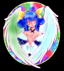 Rule 34 | 1girl, arc system works, asymmetrical wings, blue hair, dizzy (guilty gear), guilty gear, long sleeves, mosaic background, multicolored background, red eyes, solo, wings