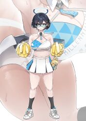 Rule 34 | 1girl, absurdres, armpits, black hair, blue archive, breasts, cheerleader, chihiro (blue archive), cleavage, glasses, green eyes, halo, highres, large breasts, midriff, millennium cheerleader outfit (blue archive), miniskirt, multiple views, navel, panties, pom pom (cheerleading), shoes, skirt, sneakers, stuffed animal, stuffed rabbit, stuffed toy, sweat, underwear, ushimochi, white panties