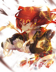 Rule 34 | 1girl, arrow (projectile), arrow in body, arrow in mouth, dissolving, earrings, highres, impaled, interlocked fingers, japanese clothes, jewelry, long hair, mouth hold, obi, original, pixiv fantasia, pixiv fantasia t, qys3, red eyes, red hair, sash, solo, sparks, tian ling (qys3), upper body