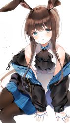 1girl 2sham absurdres amiya_(arknights) animal_ears arknights arm_support bad_id bad_pixiv_id bare_shoulders black_jacket black_neckwear blue_eyes blue_skirt blush breasts brown_hair brown_pantyhose commentary_request highres hood hood_down hooded_jacket jacket jewelry long_hair long_sleeves looking_at_viewer medium_breasts open_clothes open_jacket pantyhose parted_lips plaid_clothes plaid_skirt puffy_long_sleeves puffy_sleeves rabbit_ears ring shadow shirt simple_background sitting skirt sleeveless sleeveless_shirt sleeves_past_wrists solo thumb_ring very_long_hair white_background white_shirt