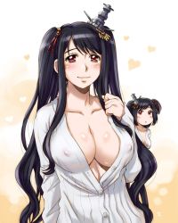 Rule 34 | 10s, 2girls, alternate hairstyle, arm at side, black hair, blush, body blush, breasts, can&#039;t be this cute, cleavage, closed mouth, collarbone, covered erect nipples, eyebrows, fusou (kancolle), heart, kantai collection, large breasts, long hair, looking at viewer, medium breasts, multiple girls, parted lips, red eyes, sameha ikuya, short hair, sidelocks, sleeves past wrists, smile, swept bangs, twintails, two side up, unbuttoned, upper body, very long hair, wavy hair, yamashiro (kancolle)