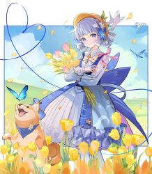 Rule 34 | 1girl, artist name, ayaka (genshin impact), blue butterfly, blue dress, blue eyes, blue hair, blue sky, blunt bangs, blunt tresses, brown headwear, bug, butterfly, butterfly hair ornament, butterfly ring, closed mouth, commentary, dog, dress, field, flower, genshin impact, hair flower, hair ornament, hat leaf, heart, heart of string, highres, holding, holding flower, insect, issign, kamisato ayaka, kamisato ayaka (springbloom missive), light blue hair, long sleeves, looking at viewer, mole, mole under eye, neck tassel, official alternate costume, official alternate hairstyle, outdoors, pantyhose, petals, pink flower, pink tulip, sky, smile, solo, symbol-only commentary, tulip, white flower, white pantyhose, yellow flower, yellow tulip