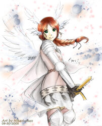 1girl 2000s_(style) armor armored_skirt artist_name black_gloves braid braided_ponytail breastplate brown_hair brown_thighhighs cape chainmail character_name commentary completion_time cowboy_shot dated english_commentary feathered_wings gloves graphite_(medium) green_eyes grey_cape head_wings holding holding_shield knight_(ragnarok_online) leg_armor long_hair looking_at_viewer nancy_teeple pauldrons photoshop_(medium) ragnarok_online shield shoulder_armor solo thighhighs traditional_media white_wings wings