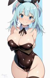 Rule 34 | 1girl, animal ears, armpit crease, arms under breasts, bare shoulders, black leotard, black ribbon, black sleeves, black thighhighs, blue eyes, blue hair, blush, breasts, cleavage, commentary request, covered navel, crossed arms, dated, detached collar, detached sleeves, fake animal ears, gluteal fold, groin, hair ornament, hair scrunchie, highres, large breasts, leotard, light blue background, light blue hair, magia record: mahou shoujo madoka magica gaiden, mahou shoujo madoka magica, medium hair, minami rena, nagare (flow), neck ribbon, pink scrunchie, playboy bunny, rabbit ears, ribbon, scrunchie, short twintails, smile, solo, split mouth, strapless, strapless leotard, thigh gap, thighhighs, twintails, twitter username, two-tone background, two side up, white background, wide hips