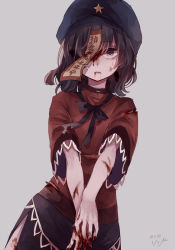 Rule 34 | 1girl, black hair, blood, blood on face, blood on hands, blue hat, commentary request, cowboy shot, dated, fingernails, grey background, hat, long fingernails, looking at viewer, m (neteitai10), medium hair, miyako yoshika, nail polish, neck ribbon, ofuda, one eye covered, outstretched arms, red nails, red shirt, ribbon, sharp fingernails, shirt, simple background, skirt, solo, star (symbol), touhou, wide sleeves