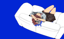 Rule 34 | 1girl, blue background, breasts, brown hair, closed mouth, couch, evoker, gun, ine (goin), persona, persona 3, persona 3 portable, shiomi kotone, short hair, simple background, skirt, weapon