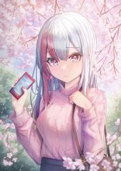 Rule 34 | 1girl, absurdres, bag, blue eyes, brown bag, cellphone, cherry blossoms, closed mouth, earrings, eyelashes, fingernails, flower, glint, gradient hair, grey hair, highres, holding, holding phone, icetea774, jewelry, long hair, looking at viewer, multicolored eyes, multicolored hair, nail polish, original, petals, phone, pink eyes, pink flower, pink nails, pink sweater, red hair, ribbed sweater, shirt tucked in, single earring, smartphone, solo, spring (season), streaked hair, sweater, text messaging, tree, turtleneck, turtleneck sweater
