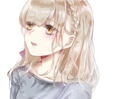 Rule 34 | 1girl, :o, blonde hair, braid, briar rose (sinoalice), close-up, hair between eyes, hair ribbon, hospital gown, looking to the side, open mouth, portrait, ribbon, rico tta, short hair, simple background, sinoalice, teeth, white background, yellow eyes