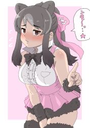 Rule 34 | 1girl, absurdres, animal ears, bare shoulders, bear ears, bear girl, bear tail, bergman&#039;s bear (kemono friends), black bow, black bowtie, blush, bow, bowtie, brown eyes, brown fur, brown hair, center frills, collared shirt, cowboy shot, embarrassed, extra ears, flying sweatdrops, frilled skirt, frills, fur trim, grey hair, hair bow, highres, kemono friends, kumasyan1998, looking at viewer, multicolored hair, pink bow, pink skirt, pleated skirt, pointing, ponytail, shirt, sidelocks, skirt, solo, suspender skirt, suspenders, tail, thighhighs, translation request, white shirt, zettai ryouiki