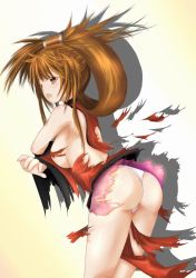 Rule 34 | 1girl, arc system works, ass, benmiaobituona, blush, breasts, brown eyes, brown hair, chinese clothes, covering privates, covering breasts, guilty gear, hair ornament, highres, kuradoberi jam, long hair, looking back, open mouth, panties, shadow, sideboob, solo, torn clothes, underwear
