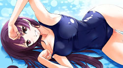 Rule 34 | 1girl, armpits, blush, breasts, collarbone, end card, kanoe yuuko, large breasts, long hair, looking at viewer, non-web source, nylon (nylon 100%), one-piece swimsuit, purple eyes, purple hair, school swimsuit, screencap, smile, solo, stitched, swimsuit, tasogare otome x amnesia, third-party edit