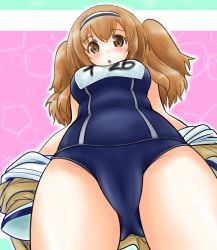 Rule 34 | 10s, 1girl, bad id, bad pixiv id, breasts, brown eyes, chestnut mouth, from below, hairband, i-26 (kancolle), kantai collection, large breasts, light brown hair, long hair, looking at viewer, looking down, name tag, old school swimsuit, one-piece swimsuit, open clothes, open mouth, revision, school swimsuit, short sleeves, solo, standing, swimsuit, swimsuit under clothes, tachibana hiroki, two-tone hairband, two side up, undressing