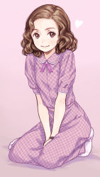 Rule 34 | 1girl, back to the future, brown eyes, brown hair, dress, female focus, focke wulf, full body, heart, highres, looking at viewer, lorraine baines, purple background, purple dress, simple background, socks, solo, wavy hair