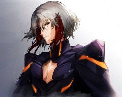 Rule 34 | 1boy, armor, black armor, closed mouth, fate/grand order, fate (series), furrowed brow, gradient background, grey background, grey hair, hair ornament, hairclip, highres, looking at viewer, male focus, multicolored hair, odysseus (fate), onasu (sawagani), parted bangs, red hair, simple background, solo, streaked hair, two-tone hair, white background, yellow eyes