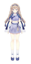 Rule 34 | 1girl, blue capelet, blue eyes, blue flower, blue footwear, blue hairband, braid, brown hair, capelet, closed mouth, commentary request, copyright request, crop top, detached sleeves, flower, full body, hair between eyes, hair flower, hair ornament, hairband, highres, long hair, long sleeves, low twintails, midriff, official art, pleated skirt, purple skirt, shoes, silltare, simple background, skirt, sleeves past wrists, smile, socks, solo, standing, thumb hole sleeves, twin braids, twintails, very long hair, virtual youtuber, white background, white sleeves, white socks