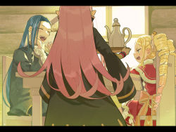 Rule 34 | 1boy, 2girls, :d, beatrice (re:zero), blonde hair, blue eyes, blue hair, blush, bow, capelet, chair, closed eyes, commentary request, crown, dress, drill hair, frills, fur-trimmed capelet, fur trim, hair ribbon, holding, holding tray, indoors, letterboxed, lewes meyer, long hair, long sleeves, mini crown, multiple girls, open mouth, orange bow, parupin, pink hair, pink ribbon, pointy ears, re:zero kara hajimeru isekai seikatsu, red capelet, ribbon, roswaal a. mathers, sidelocks, sitting, smile, table, teapot, teeth, tongue, tray, twin drills, twintails, upper teeth only, window, wristband