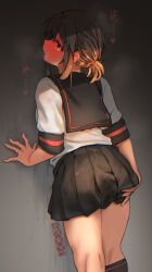 Rule 34 | 1girl, against wall, back turned, black sailor collar, black skirt, black socks, blush, breath, brown hair, commentary request, cropped legs, ergot, fubuki (kancolle), full-face blush, grey background, hair between eyes, hand on own ass, hand on wall, heart, jewelry, kantai collection, kneehighs, looking at viewer, low ponytail, nape, open mouth, pleated skirt, ring, sailor collar, school uniform, serafuku, shirt, sidelocks, simple background, skirt, socks, solo, spoken heart, steaming body, turning head, wedding ring, white shirt, yellow eyes