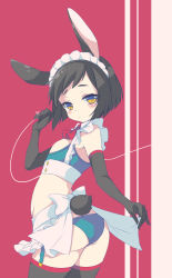 Rule 34 | 1boy, androgynous, animal ears, apron, ass, black hair, black thighhighs, elbow gloves, gloves, highres, kyoma (yellowxcake), male focus, original, rabbit ears, rabbit tail, solo, tail, thighhighs, trap, waist apron, yellow eyes