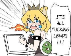 Rule 34 | 1girl, @ @, artist request, bare shoulders, black dress, blonde hair, blue eyes, blush, bowsette, bracelet, breasts, cleavage, crown, derivative work, dress, embarrassed, emphasis lines, english text, female focus, fire, hako kuma, horns, jewelry, large breasts, looking at viewer, mario (series), meme, nintendo, nose blush, open mouth, ponytail, profanity, sharp teeth, sketch, solo, spiked bracelet, spikes, super crown, tears, teeth, truth