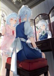 2girls :d ^_^ apron bat_wings bloomers blue_dress blue_hair closed_eyes collarbone commentary_request dress green_ribbon hair_brush hair_ribbon highres holding holding_hair_brush indoors izayoi_sakuya maid maid_headdress mirror multiple_girls neck_ribbon nightgown no_reflection open_mouth pink_nightgown pkokonatu puffy_short_sleeves puffy_sleeves red_eyes red_ribbon reflection remilia_scarlet ribbon shirt short_sleeves sitting smile table touhou underwear vanity_table white_apron white_bloomers white_shirt window wings