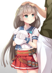 Rule 34 | 1boy, 1girl, blue eyes, blunt bangs, blush, commentary request, depth charge, dolphin, gloves, hand on another&#039;s head, hat, highres, hip vent, kantai collection, light brown hair, long hair, low twintails, mikura (kancolle), mofu namako, out of frame, panties, pants, pleated skirt, red neckwear, red skirt, sailor collar, sailor hat, school uniform, serafuku, shirt, short sleeves, simple background, skirt, smile, twintails, underwear, white background, white gloves, white headwear, white panties