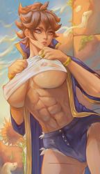Rule 34 | 1girl, abs, absurdres, black clover, blue eyes, blushed arts, bracelet, breasts, brown hair, clothes lift, covered erect nipples, flower, highres, jewelry, large breasts, mereoleona vermillion, muscular, muscular female, nipples, ring, shirt lift, short hair, short shorts, shorts, solo, spiked hair, stomach, sunflower
