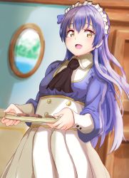 Rule 34 | 1girl, apron, artist request, basket, blue bow, blue dress, blue hair, blue shirt, blush, bow, cowboy shot, dress, female focus, food, hair between eyes, hair bow, hair ornament, hairpin, head scarf, heart, highres, holding, holding basket, indoors, kyouou ena, long hair, looking at viewer, love live!, love live! school idol festival, love live! school idol project, pinafore dress, sash, shirt, short sleeves, sleeveless dress, smile, solo, sonoda umi, standing, white apron, yellow eyes