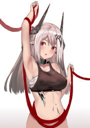 Rule 34 | 1girl, arknights, arm up, armpits, bandages, bare arms, bare shoulders, black collar, blush, collar, commentary, crop top, cundang, gradient background, grey background, hand up, head tilt, highres, horns, infection monitor (arknights), long hair, material growth, mudrock (arknights), navel, oripathy lesion (arknights), parted lips, pointy ears, red eyes, red ribbon, ribbon, sarashi, silver hair, solo, sports bra, stomach, upper body, white background