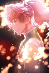 Rule 34 | 1boy, blurry, bokeh, chaldea logo, closed mouth, coat, depth of field, fate/grand order, fate (series), from side, highres, kin mokusei, long sleeves, looking afar, looking down, male focus, medium hair, pink hair, ponytail, profile, romani archaman, smile, solo, upper body, white coat