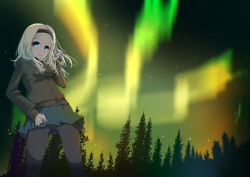 Rule 34 | 10s, 1girl, aleksandra i. pokryshkin, aurora, blonde hair, blue eyes, brave witches, dark, gradient background, hairband, highres, long hair, looking at viewer, night, night sky, pantyhose, skirt, sky, solo, star (sky), strike witches, suomio, tree, upskirt, world witches series