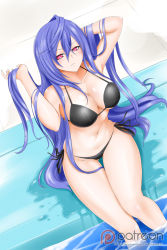 Rule 34 | 1girl, alternate costume, arm behind head, bikini, black bikini, blue hair, blush, breasts, cleavage, closed mouth, cowboy shot, female focus, from above, gloves, groin, highres, iris heart, kimmy77, large breasts, long hair, looking at viewer, navel, neptune (series), partially submerged, pool, poolside, power symbol, purple hair, pururut, red eyes, smile, soaking feet, solo, stomach, strap gap, swimsuit, symbol-shaped pupils, thigh gap, thighs, very long hair, water, watermark, wet