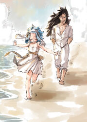 1boy 1girl beach black_hair blue_hair closed_eyes commentary dress english_commentary fairy_tail gajeel_redfox hairband hands_in_pockets highres levy_mcgarden long_hair looking_at_another medium_hair outstretched_arms pants rusky shirt smile twitter_username walking white_dress white_hairband white_pants white_shirt