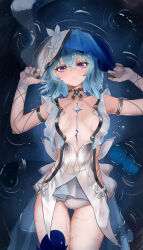 1girl absurdres armlet bare_legs bare_shoulders blue_hair blue_veil blush breasts breasts_apart collarbone colored_eyelashes commentary cowboy_shot dress from_above hair_between_eyes hands_up highres jewelry legs looking_at_viewer lying medium_breasts on_back panties parted_lips purple_eyes sleeveless sleeveless_dress solo symbol-only_commentary shorekeeper_(wuthering_waves) two-tone_veil underwear veil wet white_dress white_panties white_veil wuthering_waves yawww_(yawwwart)