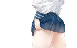 Rule 34 | 1girl, absurdres, blue skirt, clothes lift, from behind, head out of frame, highres, kou mashiro, lifting own clothes, original, pleated skirt, school uniform, serafuku, shirt, simple background, skirt, skirt lift, solo, white background, white shirt