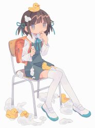Rule 34 | 1girl, backpack, bag, blunt bangs, brown hair, chair, daizu (melon-lemon), from side, gradient eyes, grey background, highres, holding, looking at viewer, multicolored eyes, on head, original, parted lips, randoseru, rubber duck, shoes, simple background, sitting, solo, sweat, thighhighs, uwabaki, white thighhighs