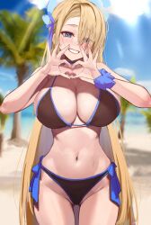 Rule 34 | 1girl, absurdres, asuna (blue archive), bare shoulders, bikini, black bikini, blue archive, blue eyes, blue ribbon, blush, breasts, cleavage, grin, hair over one eye, hair ribbon, heart, heart hands, highres, large breasts, light brown hair, long hair, looking at viewer, navel, ribbon, rinhee, smile, solo, swimsuit, thighs, very long hair
