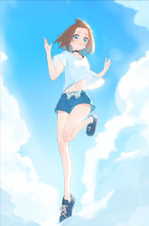 Rule 34 | 1girl, :o, absurdres, aqua eyes, black choker, blue footwear, blue shorts, blush, brown hair, choker, cloud, commentary request, cumulonimbus cloud, day, fishofthelakes, full body, highres, leg up, legs, looking at viewer, navel, original, outdoors, parted lips, shirt, shoes, short hair, short shorts, short sleeves, shorts, sky, sneakers, solo, white shirt