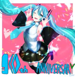 Rule 34 | 1girl, ;d, absurdly long hair, absurdres, black footwear, black skirt, black sleeves, blue eyes, blue hair, blue nails, boots, breasts, detached sleeves, floating hair, hatsune miku, highres, index finger raised, jumping, legs up, long hair, long sleeves, looking at viewer, microphone, miniskirt, nail polish, nishibi mitsuba, one eye closed, open mouth, pink background, pleated skirt, shirt, skirt, sleeveless, sleeveless shirt, small breasts, smile, solo, thigh boots, thighhighs, twintails, very long hair, vocaloid, white shirt, zettai ryouiki