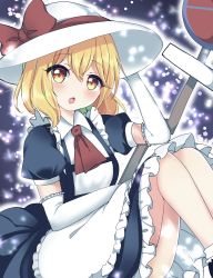 Rule 34 | 1girl, :o, apron, black footwear, blonde hair, blue dress, bobby socks, bow, collared dress, commentary request, dress, elbow gloves, foot out of frame, frilled apron, frilled dress, frilled gloves, frills, gloves, hand on headwear, hat, hat bow, highres, kana anaberal, medium hair, neck ribbon, no entry sign, ougi hina, puffy short sleeves, puffy sleeves, red bow, red ribbon, ribbon, road sign, short sleeves, sign, sitting, socks, sun hat, touhou, touhou (pc-98), white gloves, white hat, white socks, yellow eyes