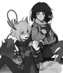 1boy 1girl absurdres animal_ear_fluff animal_ears blue_eyes blunt_bangs cat_boy cat_ears cat_tail closed_mouth cowboy_shot fingerless_gloves fur-trimmed_jacket fur_trim gloves green_eyes greyscale high-waist_shorts highres jacket jane_doe_(zenless_zone_zero) konen_woaiange729 long_hair monochrome mouse_ears mouse_girl mouse_tail open_mouth scar scar_on_arm seth_lowell short_hair shorts sidelocks simple_background sitting smile spot_color sweatdrop tail teeth upper_teeth_only white_background zenless_zone_zero