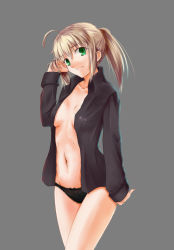 Rule 34 | 1girl, ahoge, aiovia, artoria pendragon (fate), blonde hair, breasts, dress shirt, fate/zero, fate (series), green eyes, long hair, long sleeves, navel, open clothes, open shirt, panties, saber (fate), shirt, smile, solo, unbuttoned, underwear