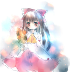 Rule 34 | 1girl, ascot, bow, brown eyes, brown hair, detached sleeves, female focus, hair bow, hair tubes, hakurei reimu, holding, long hair, pale color, plant, potted plant, skirt, solo, torii sumi, touhou, wide sleeves