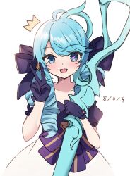 Rule 34 | 1girl, :d, ahoge, black bow, black gloves, black sleeves, bow, crown, dated, detached sleeves, dress, drill hair, gloves, green hair, gwen (league of legends), hair bow, highres, holding, holding scissors, league of legends, open mouth, purple dress, scissors, simple background, smile, solo, twin drills, twintails, v, white background, white dress, yua (bokubo0806)
