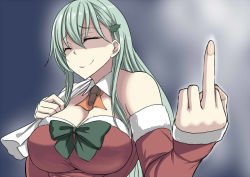 Rule 34 | 10s, 1girl, alternate costume, aqua hair, ascot, bare shoulders, bow, bowtie, breasts, cleavage, closed mouth, detached collar, detached sleeves, false smile, green bow, green bowtie, hair ornament, kantai collection, kinntarou, large breasts, long hair, middle finger, sack, santa costume, shaded face, smile, solo, suzuya (kancolle), upper body