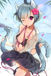 Rule 34 | 1girl, absurdres, ahoge, animal ears, bare shoulders, bikini, black bikini, black skirt, blue hair, blue sky, blurry, blurry background, blush, cat ears, cat girl, cat tail, closed eyes, cloud, collarbone, collared shirt, cowboy shot, day, depth of field, dutch angle, fingernails, flower, front-tie bikini top, front-tie top, groin, hair flower, hair ornament, head tilt, highres, holding own tail, looking at viewer, mouth hold, multiple tails, ocean, off shoulder, omucchan (omutyuan), one eye closed, open clothes, open shirt, original, outdoors, petals, pleated skirt, red eyes, red flower, see-through, shirt, short hair, side-tie bikini bottom, skirt, sky, solo, standing, star (symbol), swimsuit, tail, two tails, untied bikini, water, wet, wet clothes, wet shirt, white shirt