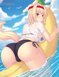 Rule 34 | 1girl, :3, animal ear fluff, animal ears, ass, banana boat, bikini, black bikini, blonde hair, blush, breasts, cat ears, cat tail, facing away, headband, highres, in water, large breasts, long hair, looking at viewer, looking back, nottytiffy, original, patreon username, red eyes, shirt, slit pupils, smile, solo, straddling, swimsuit, tail, thighs, tiffy (nottytiffy), wet, wet clothes, wet shirt
